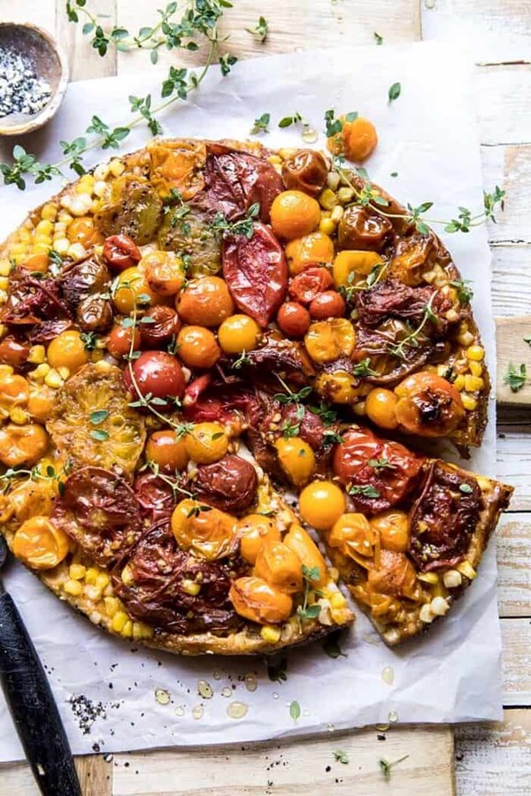 Caramelized corn and tomato tarte Tatin