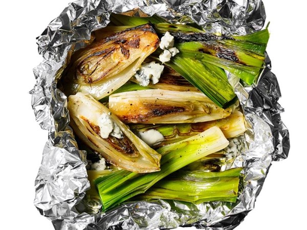 Caramelized endive and leek foil packets
