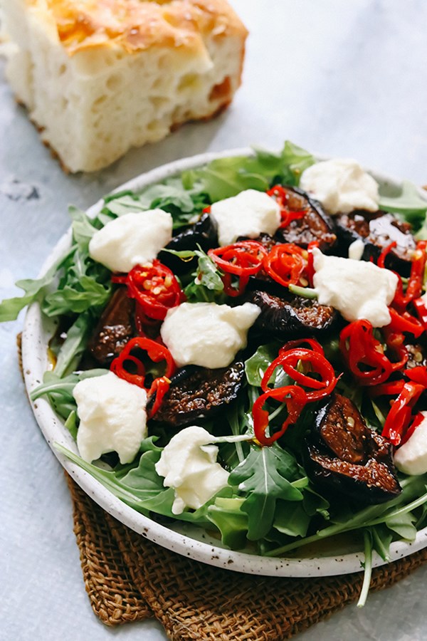 Caramelized fig salad with arugula, ricotta, and Shaoxing vinaigrette