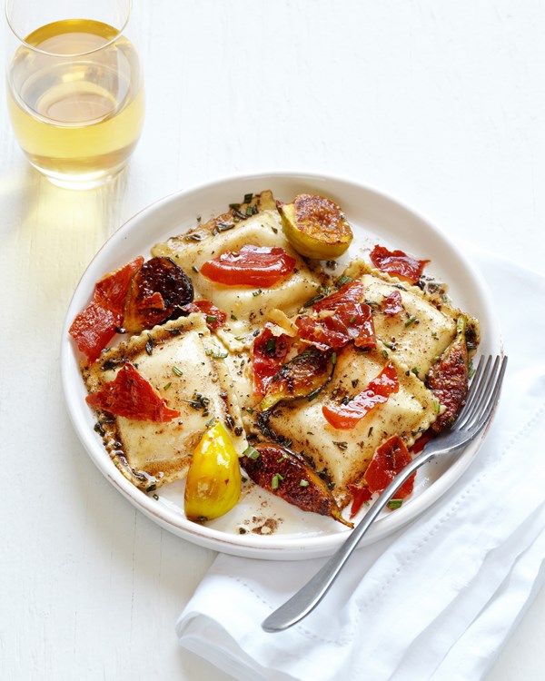 Caramelized figs and ravioli with rosemary brown butter & crispy prosciutto