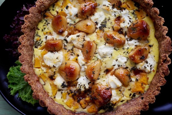 Caramelized garlic and butternut squash tart with almond crust