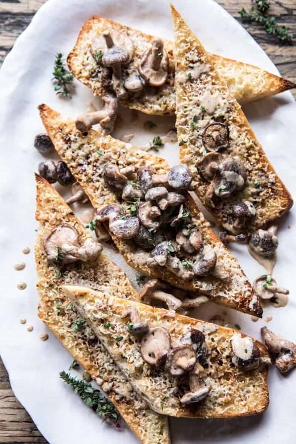 Caramelized garlic butter toast with pan fried mushrooms