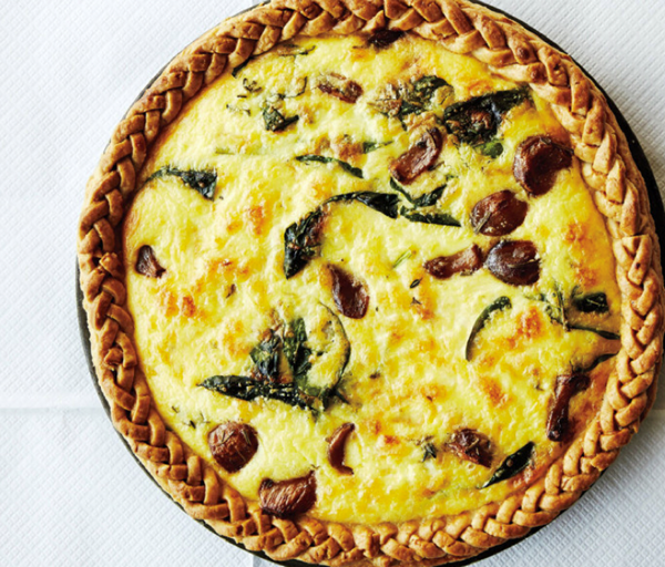 Caramelized garlic, spinach, and cheddar tart