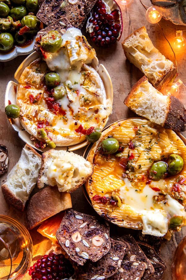 Caramelized honey baked Brie with warm olives