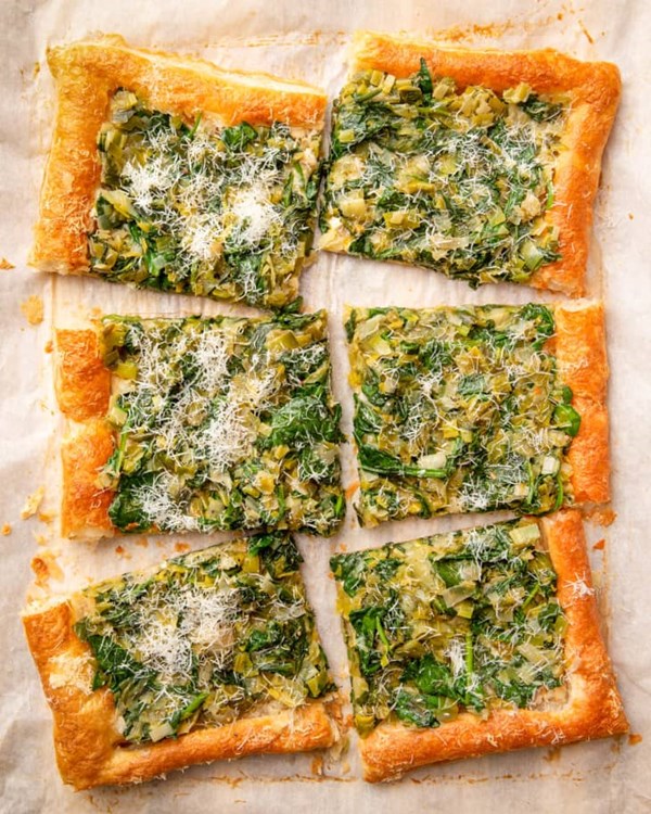 Caramelized leek, spinach, and goat cheese tart