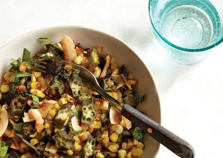 Caramelized okra and corn with coconut, mint, and lime