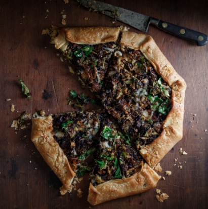 Caramelized onion & Brussels sprout galette