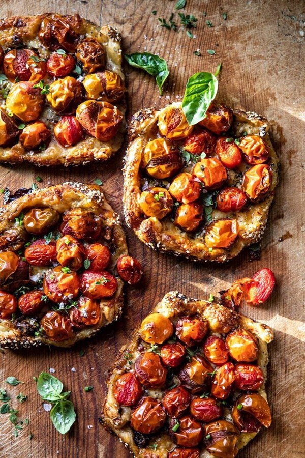 Caramelized onion and balsamic tomato tarts