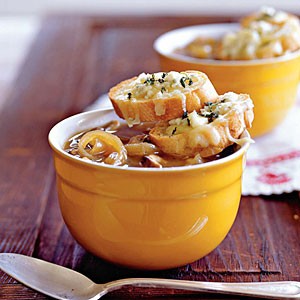 Caramelized onion and shiitake soup with Gruyère-Gorgonzola toasts
