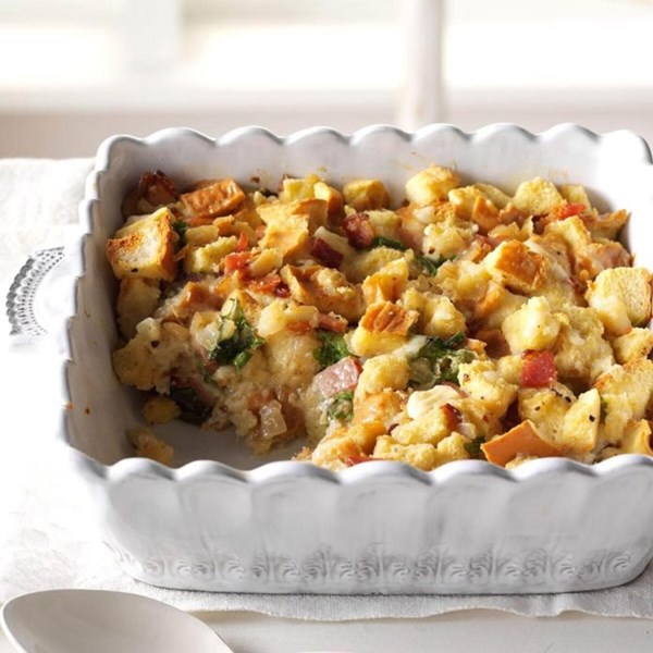 Caramelized onion, bacon and kale strata