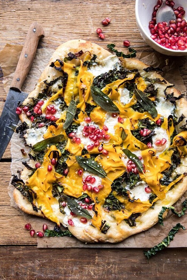 Caramelized onion, butternut squash, and crispy kale pizza