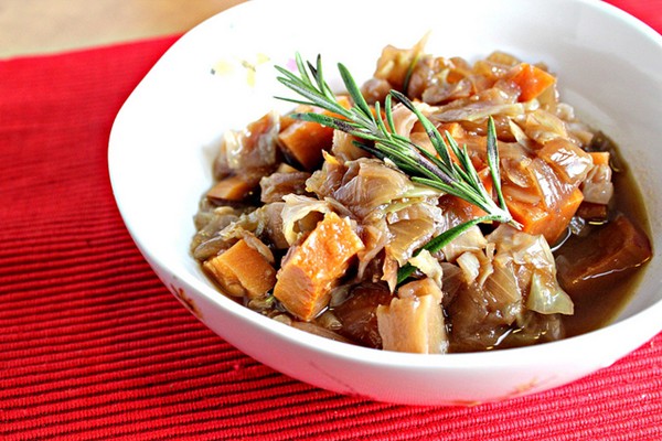 Caramelized onion, cabbage and sweet potato chowder with rosemary