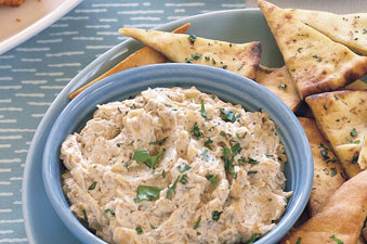 Caramelized-onion dip with cilantro-garlic pita crisps