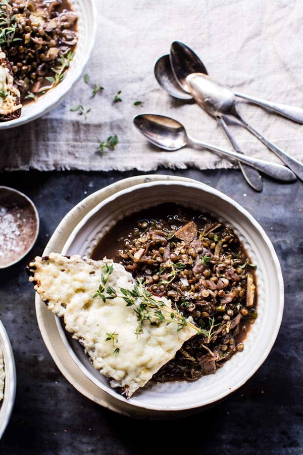 Caramelized onion French lentils and cheesy toast