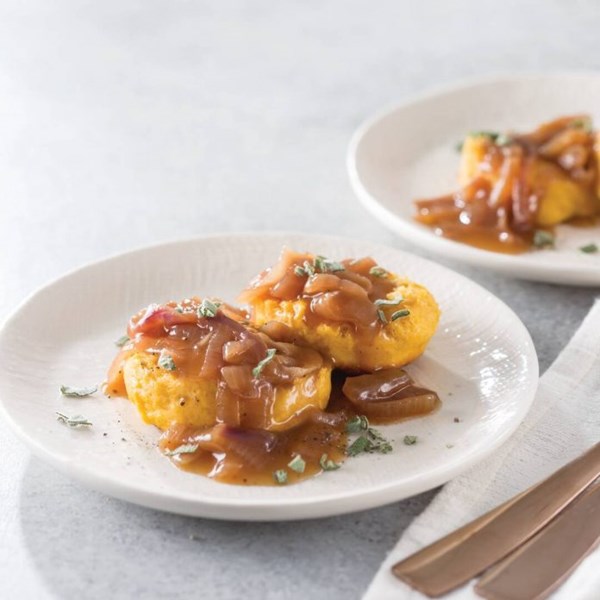 Caramelized onion gravy and sweet potato angel biscuits