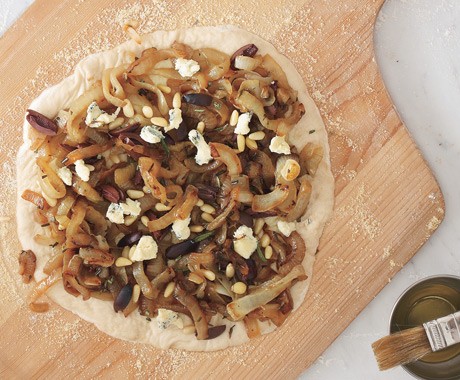 Caramelized-onion, rosemary, and pine nut topping