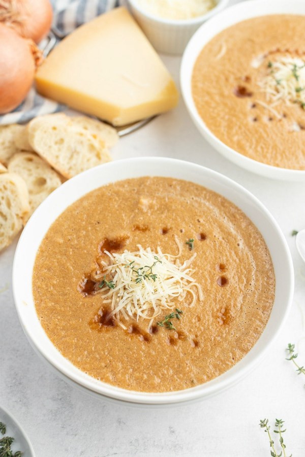 Caramelized onion soup with cider syrup