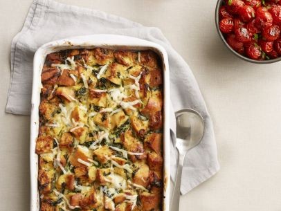 Caramelized onion, spinach and Gruyère strata with sautéed cherry tomatoes