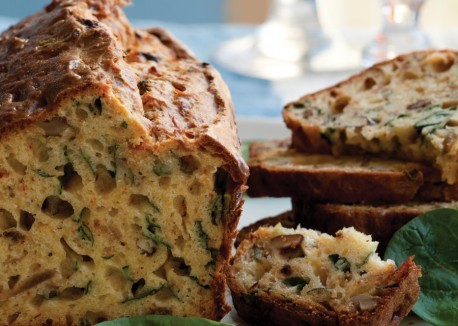 Caramelized onion, walnut, and spinach savory cake
