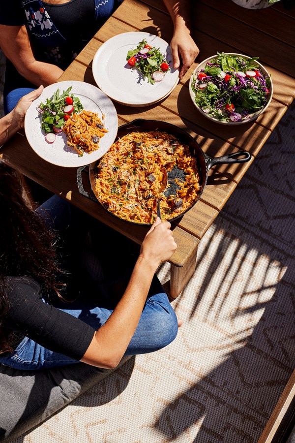 Caramelized onions & eggplant with tomato orzo