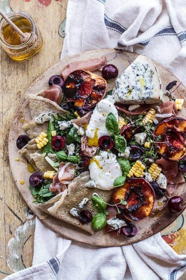 Caramelized peach + cherry, prosciutto and Gorgonzola salad w/buckwheat crêpes