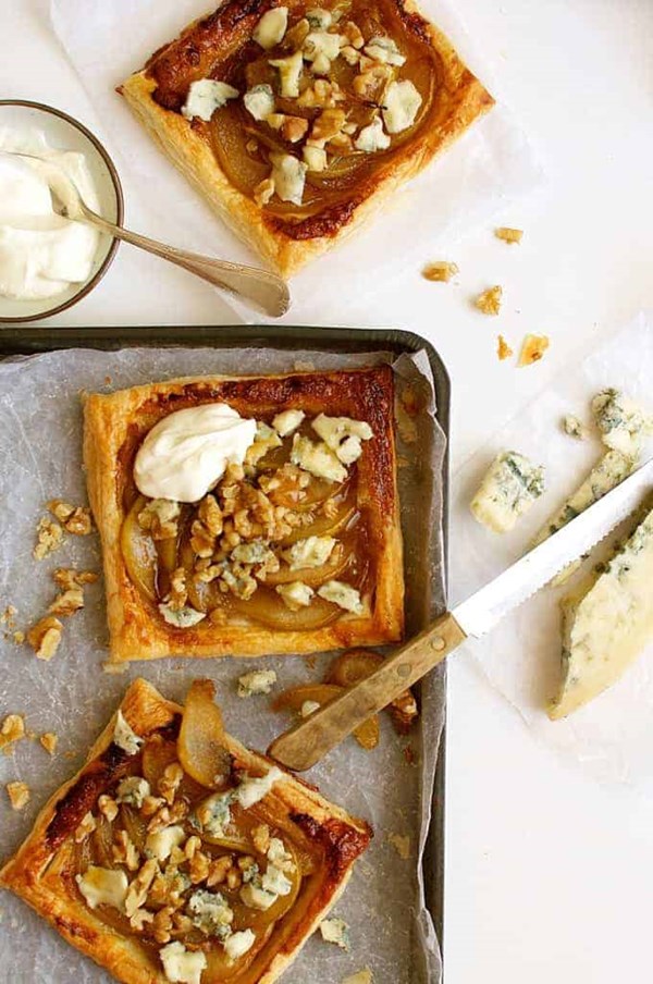 Caramelized pear and blue cheese tart