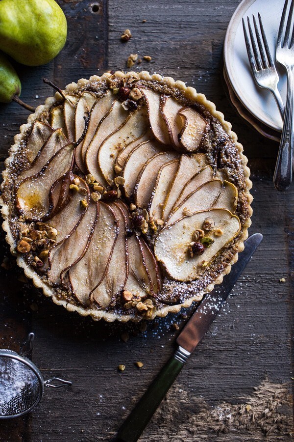 Caramelized pear and hazelnut crumble tart