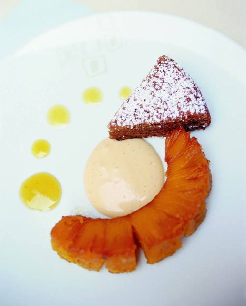 Caramelized pineapple with walnut cake & rum sabayon