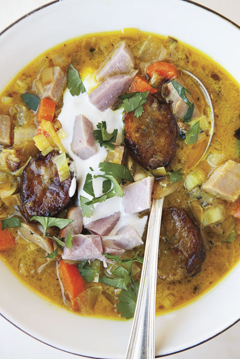 Caramelized plantain soup with smoked ham & sour cream