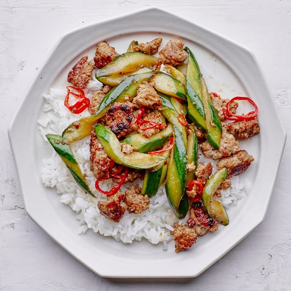 Caramelized pork and cucumber stir-fry