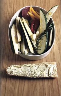 Caramelized ratatouille and bread with garlic and rosemary butter