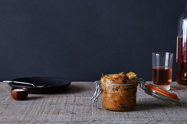 Caramelized sauerkraut with prunes, herbs, and honey