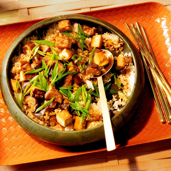 Caramelized tofu with soy-braised eggplant 
