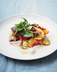 Caramelized watermelon salad with pickled jalapeños and Gorgonzola