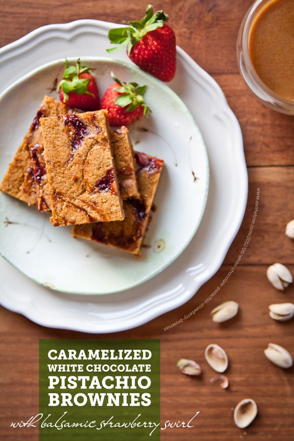 Caramelized white chocolate pistachio brownie with strawberry balsamic swirl