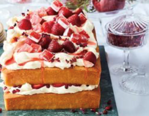 Caramilk cake with Turkish Delight, strawberries and pomegranate