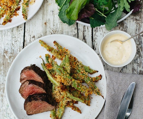 Caraway & Parmesan-crusted beans with beef fillet & aioli