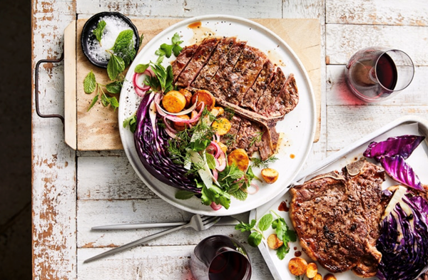 Caraway and lemon T-bone with herby potato salad