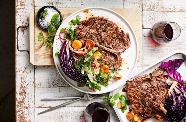 Caraway and lemon T-bone with herby potato salad
