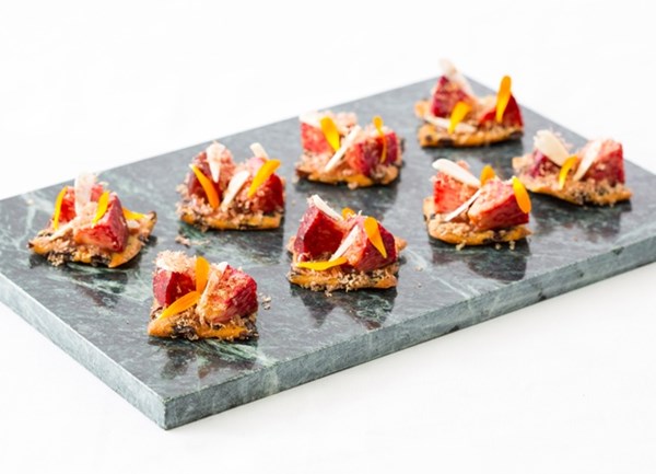 Caraway garibaldi, peach, dried venison