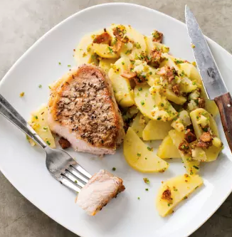Caraway pork chops with bacon-mustard potato salad