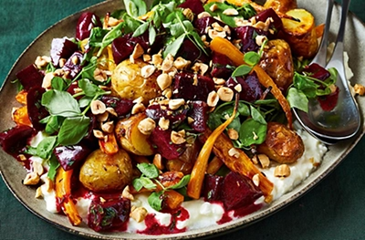 Caraway roast carrot, beetroot & potato salad