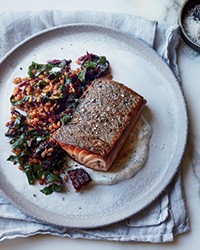 Caraway salmon with rye berry-and-beet salad