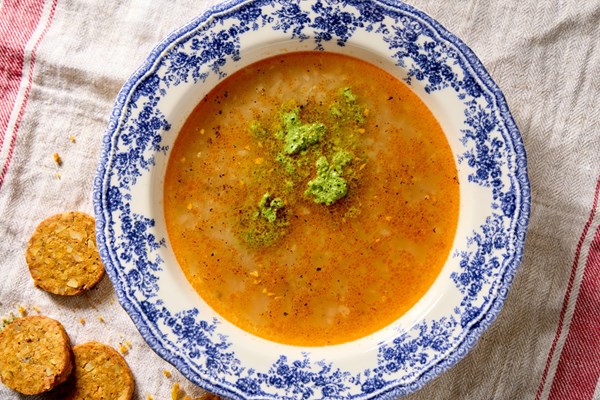 Caraway soup with parsley and walnut pesto (aka soup from nothing)