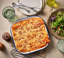 Carbonara filo crinkle pie and herby pangrattato
