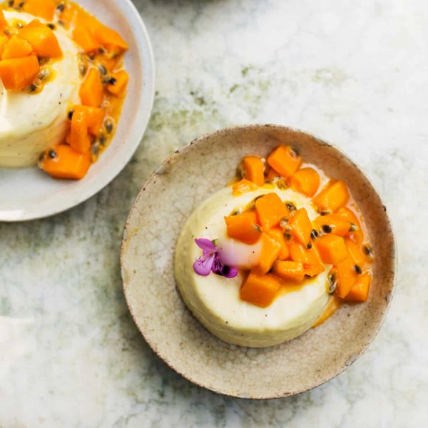 Cardamom and buttermilk panna cotta with mango and passion fruit