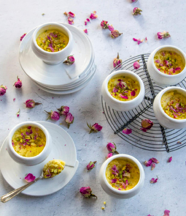 Cardamom and rose-scented cream custards (Rabdi pots de crème)