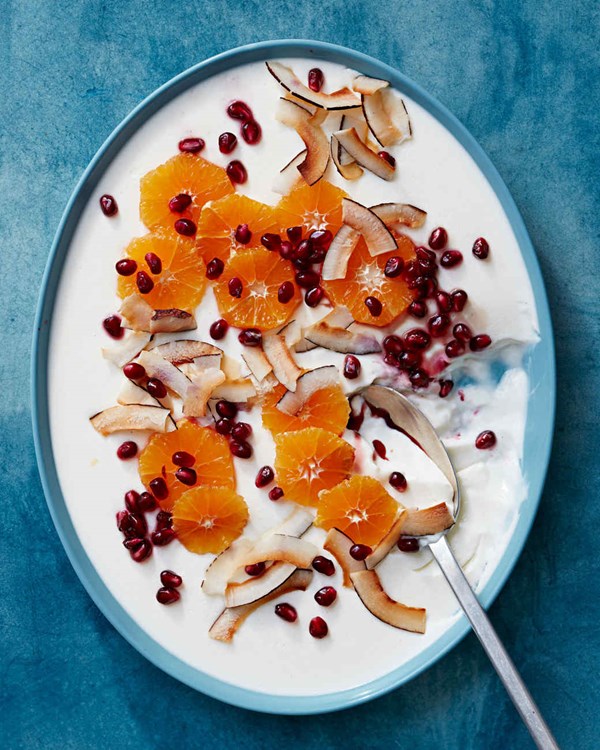 Cardamom-buttermilk panna cotta with pomegranate 