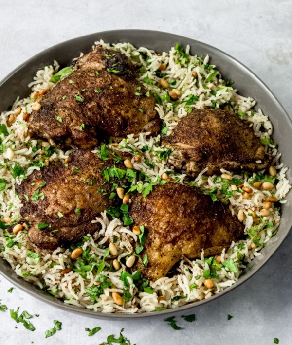 Cardamom chicken thighs with basmati rice and pine nuts