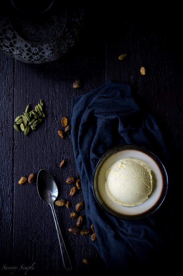 Cardamom ice cream with spiced candied pistachios